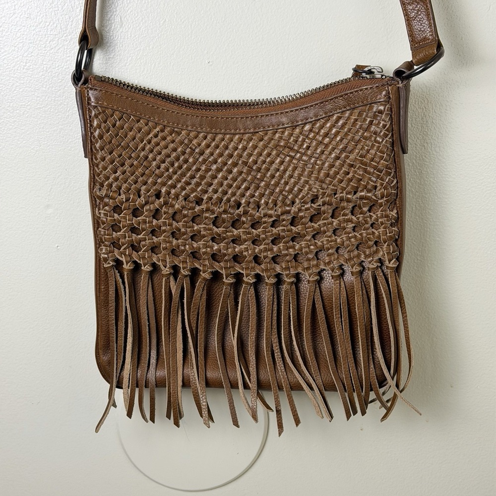 Frye Brown Woven Leather Crossbody with Fringe